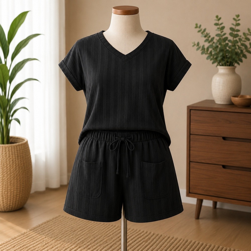 NWT Cupshe 2 Piece Lounge Set Womens Small Black Textured V-Neck Top and Shorts